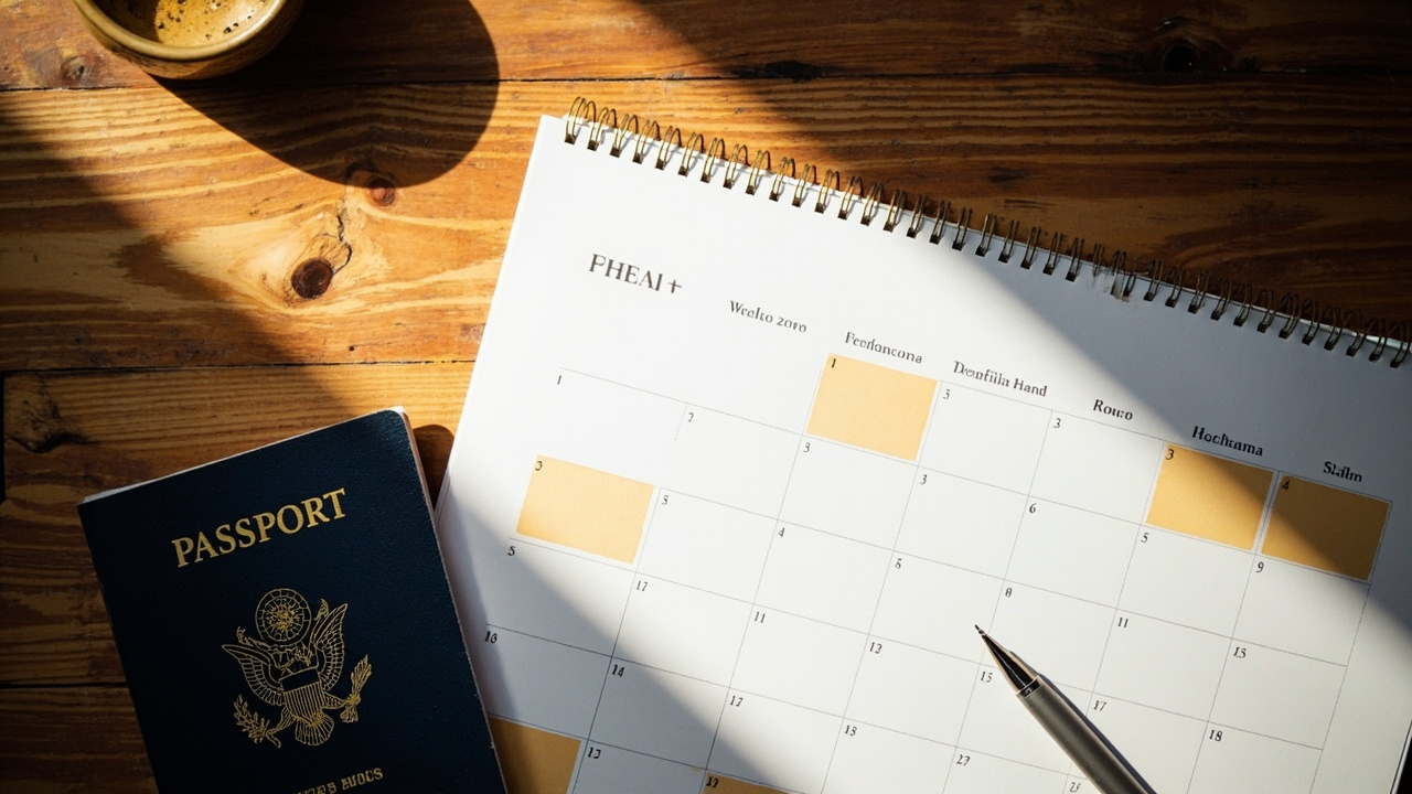 Overhead flat-lay of a desk calendar with weekdays softly marked, a blue US passport, and a pen on a warm wooden surface