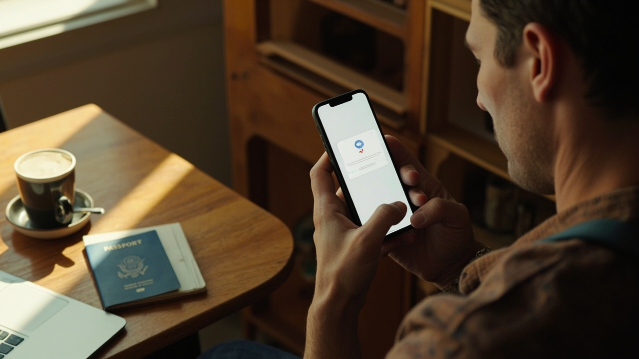American traveler in their thirties holding a smartphone showing a generic confirmation message at a sunlit home desk with a blue US passport nearby