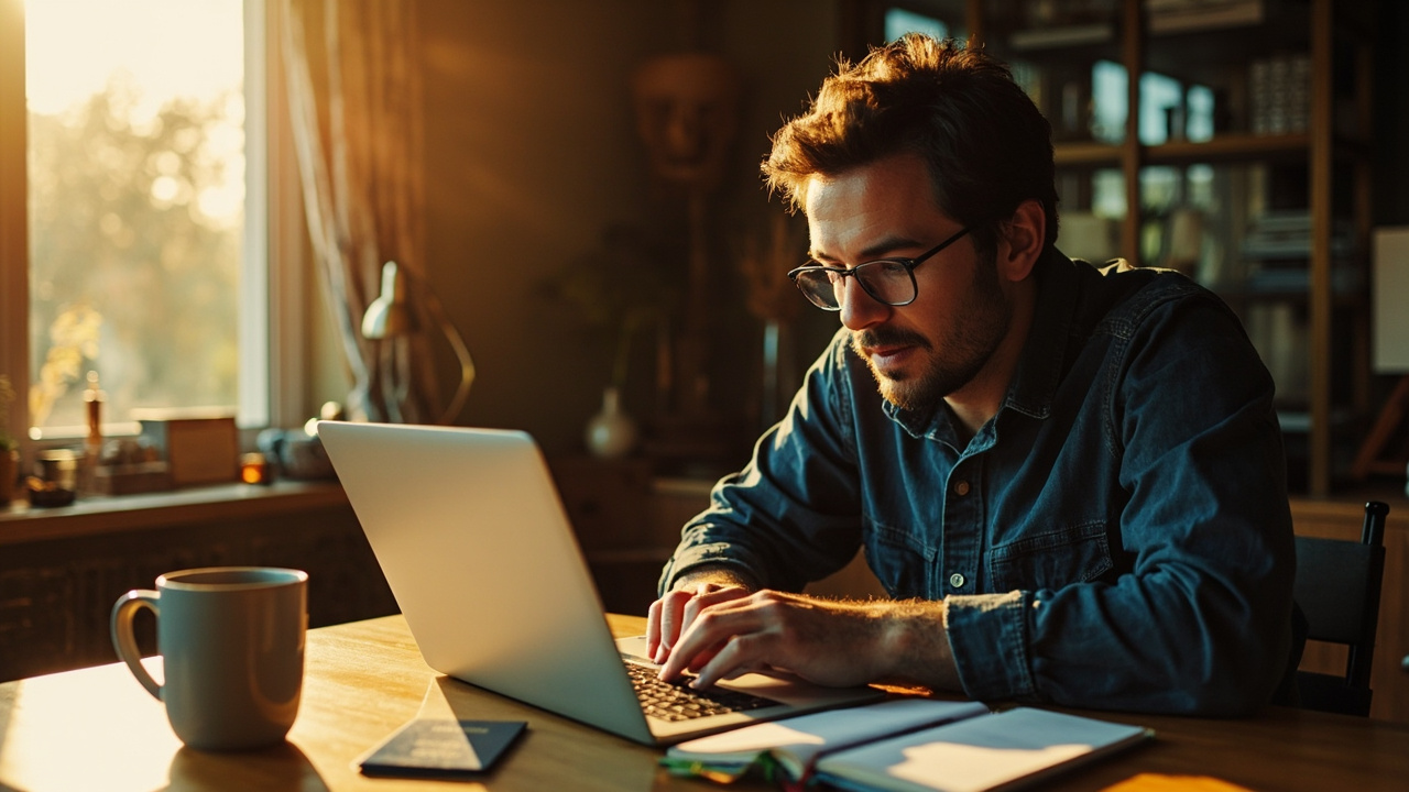 American traveler planning a trip at a sunlit home desk with a laptop, an open notebook, and a blue US passport, looking calm and unhurried
