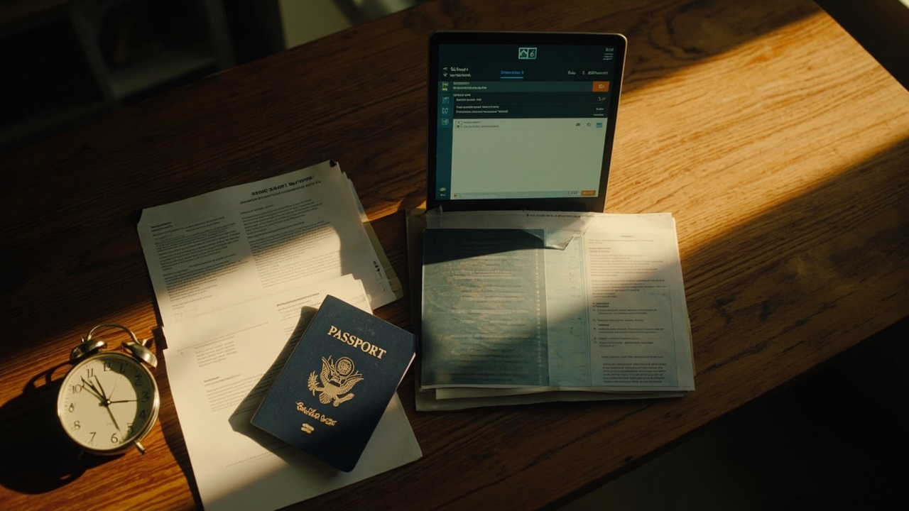 Overhead desk scene with a blue US passport, a round analog wall clock, and a laptop showing a generic review-in-progress screen on warm timber