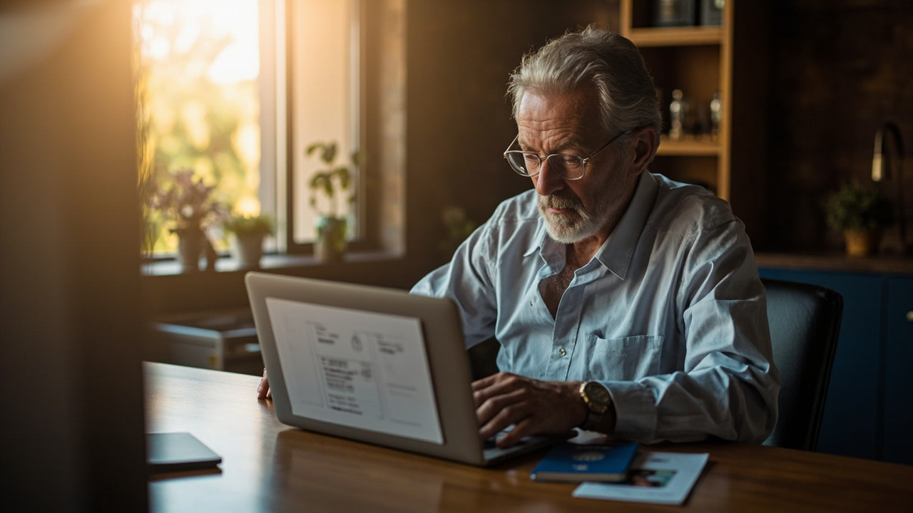 American business traveler in their forties reviewing a visa application on a laptop in a sunlit home office