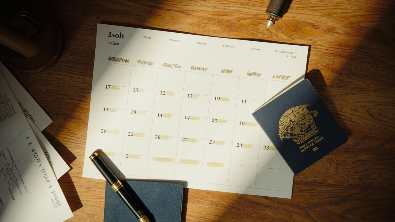 Desk calendar with weekdays gently highlighted and weekends dimmed, beside a blue American passport on a warm wooden desk