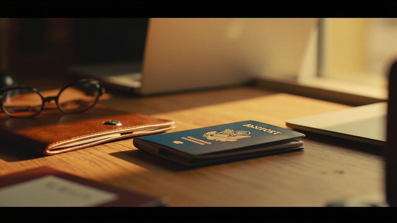 Blue American passport beside a slim leather work portfolio and reading glasses on a warm wooden desk in golden-hour light