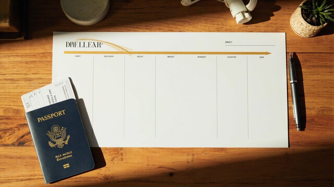 Wall planner and a blue American passport with a boarding-pass-style card on a warm wooden desk, mapping an application window before a flight