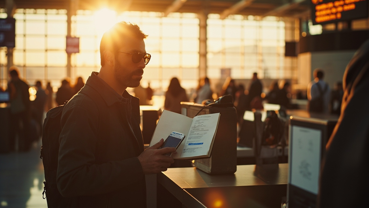American traveler at a soft-focus airport counter at golden hour calmly holding a blue US passport, a folded printed visa page, and a phone confirmation