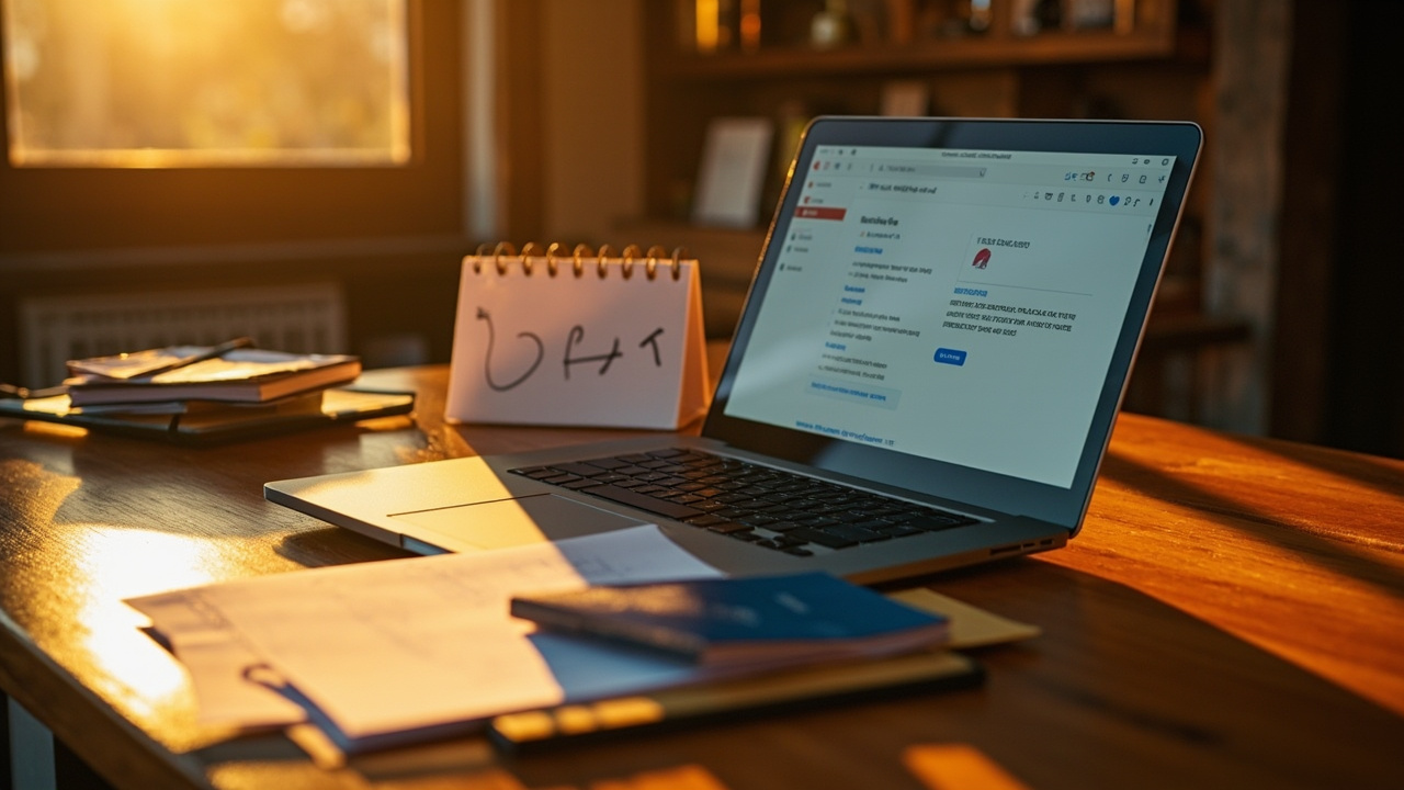 Laptop on a warm wooden desk showing a generic email inbox with an approved visa PDF attachment, beside a blue US passport and a printed page