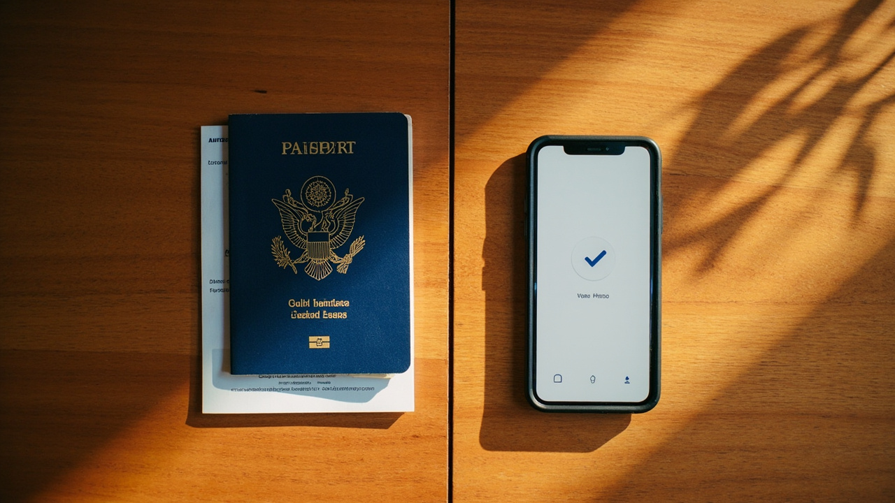 Overhead flat-lay comparing a printed visa page next to a blue US passport on the left and a smartphone showing a short confirmation screen on the right