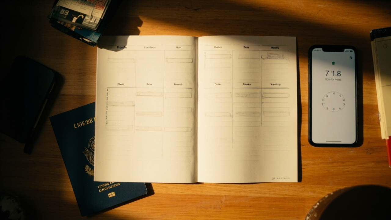 Overhead desk scene with a paper wall calendar showing weekday boxes marked and weekend boxes left blank beside a blue US passport
