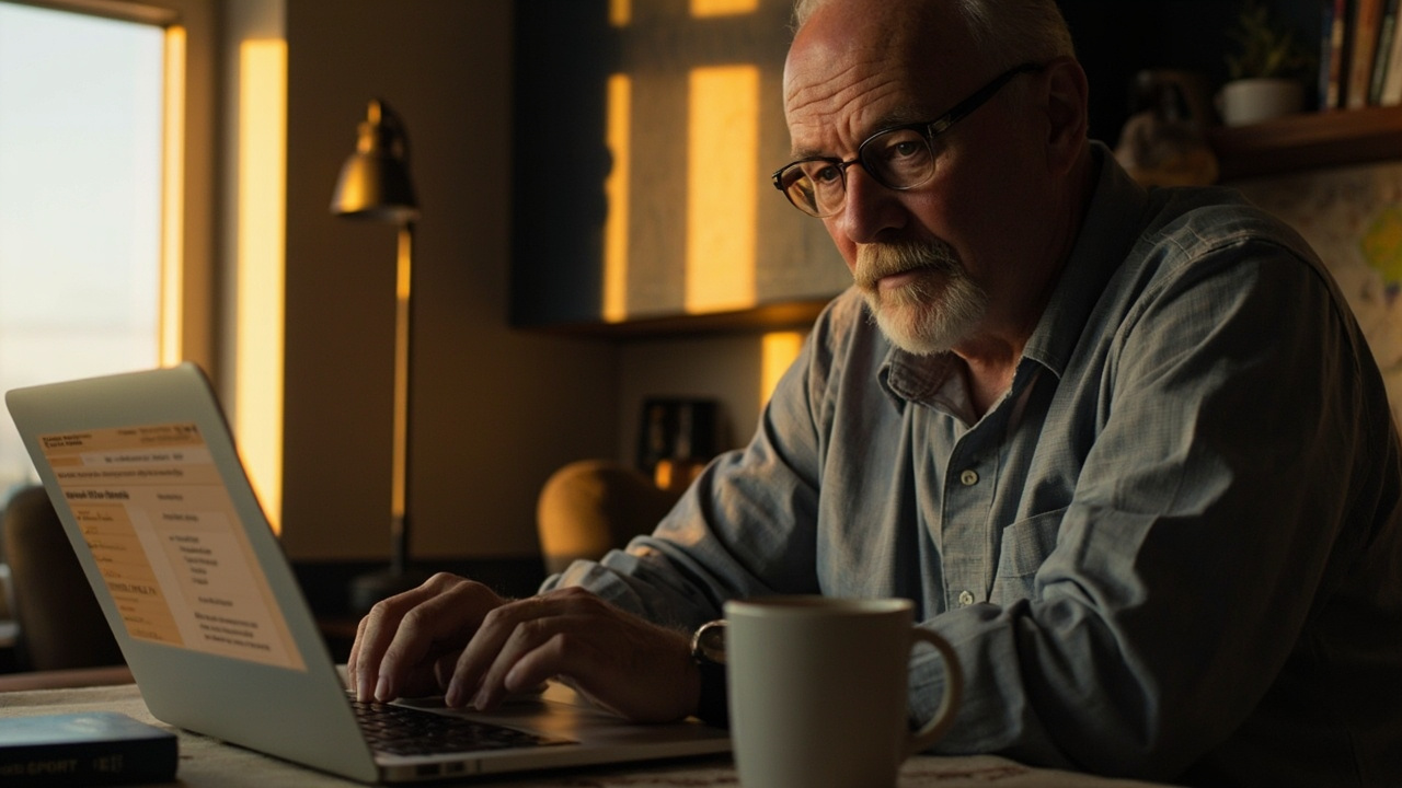 American traveler calmly checking an application status on a laptop at a sunlit home desk beside a blue US passport and a coffee