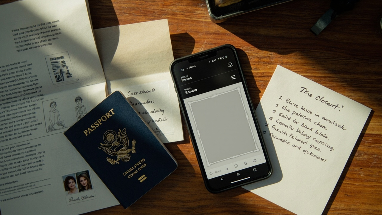 Overhead flat-lay of a blue US passport open beside a printed passport-style photo on a white card and a soft-focus handwritten checklist