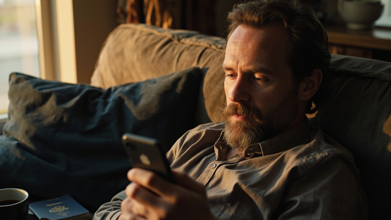 American traveler relaxing on a sofa glancing at a phone showing a generic inbox while a blue US passport rests on the armrest