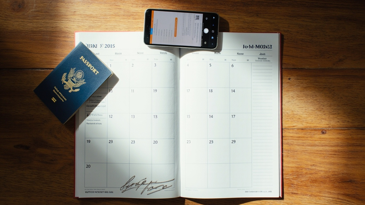 Overhead view of a wall calendar on a warm wooden desk with weekend days and a holiday softly marked, a blue US passport and a phone beside it