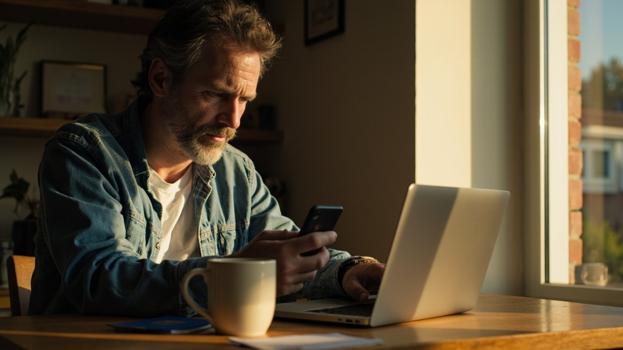 American traveler at a sunlit desk searching their email inbox and spam folder on a laptop, phone in hand, blue US passport nearby