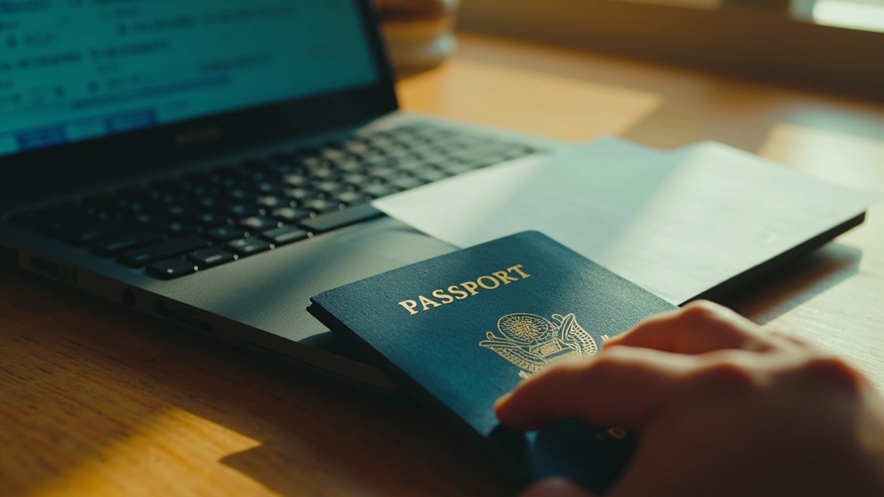 Overhead close-up of an open blue US passport bio page on a warm wooden desk beside a laptop, a hand carefully comparing the spelling of the name on screen