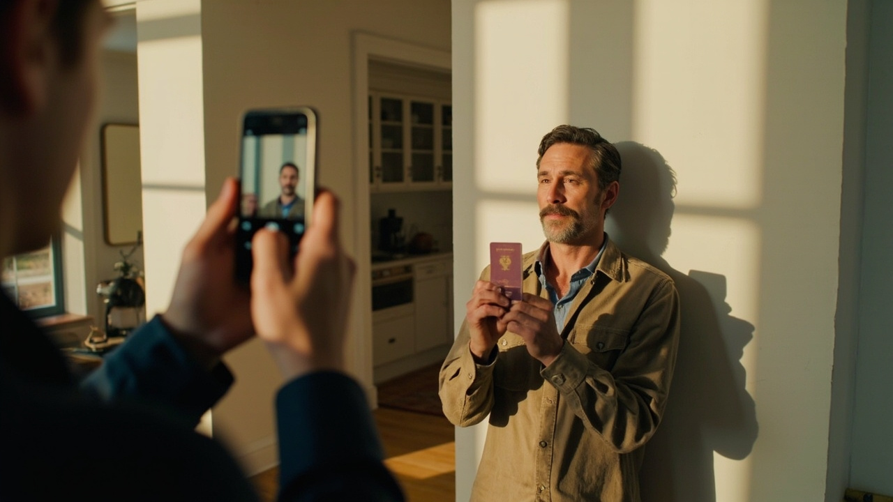 American traveler reshooting a passport-style photo against a plain white wall in a sunlit US home, a partner holding the phone just off-frame