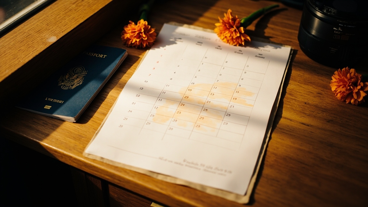 Overhead close-up of a paper calendar with a multi-day block of squares softly shaded in warm tones to mark a holiday break, beside a blue US passport and small festive marigold flowers on a warm wooden desk