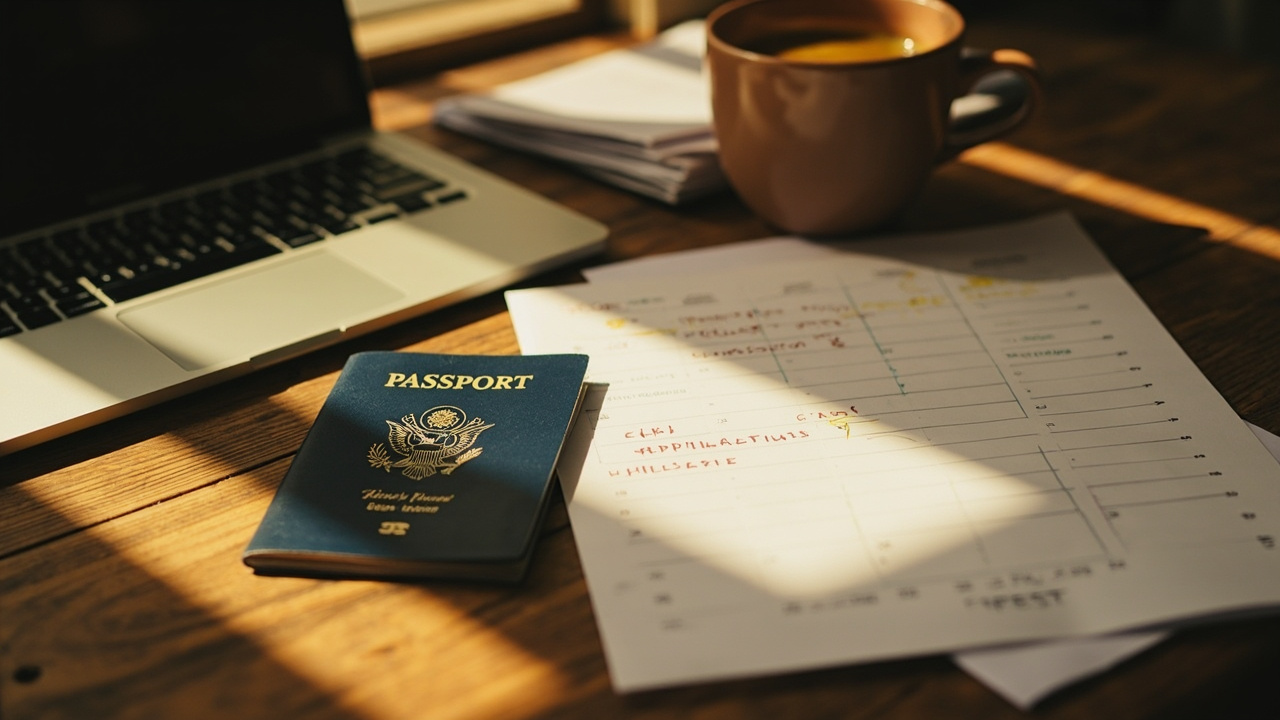Warm desk scene with a blue US passport, an open laptop, a paper calendar with one week softly circled in gold, and a folded printed travel document at golden hour