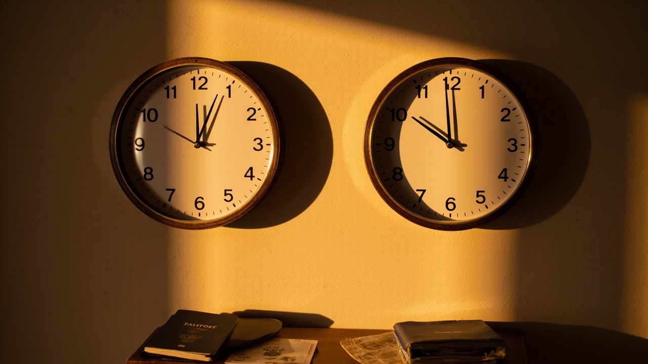 Two analog wall clocks side by side on a warm wall set to clearly different times, suggesting the day-long gap between the United States and Cambodia, with soft golden light