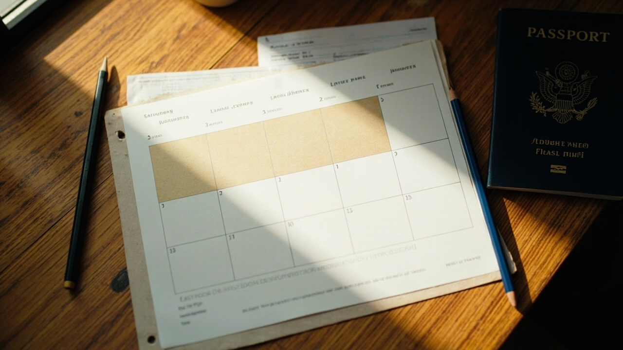 Overhead close-up of a paper monthly calendar with three consecutive weekday squares softly marked in gold and the weekend squares left blank, beside a blue US passport on a warm wooden desk