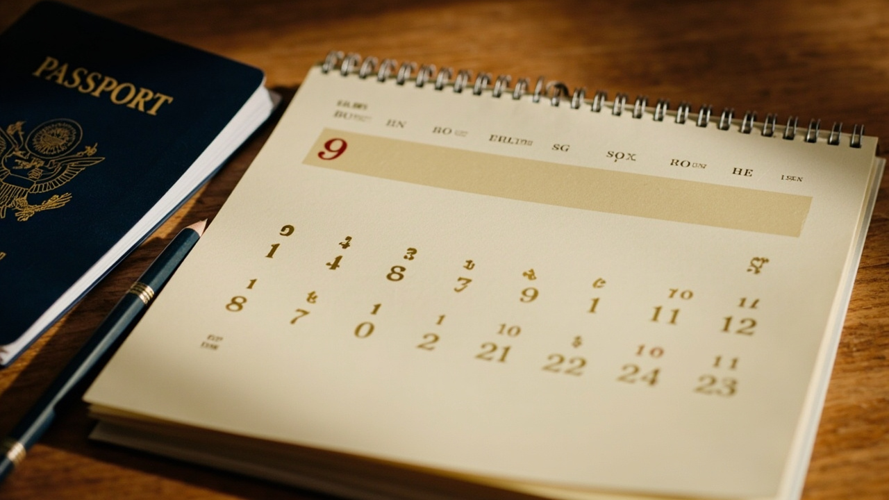 Overhead close-up of a desk calendar with several consecutive days softly shaded to suggest a holiday closure, beside a US passport