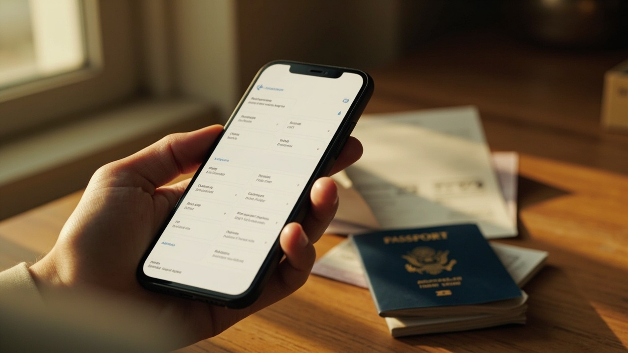Smartphone showing a generic pre-arrival form held over a warm desk beside a US passport and a folded boarding pass