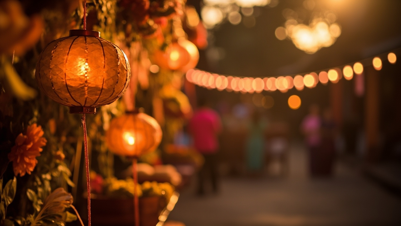 Soft-focus Cambodian Khmer New Year celebration with warm festive lanterns and decorations at golden hour