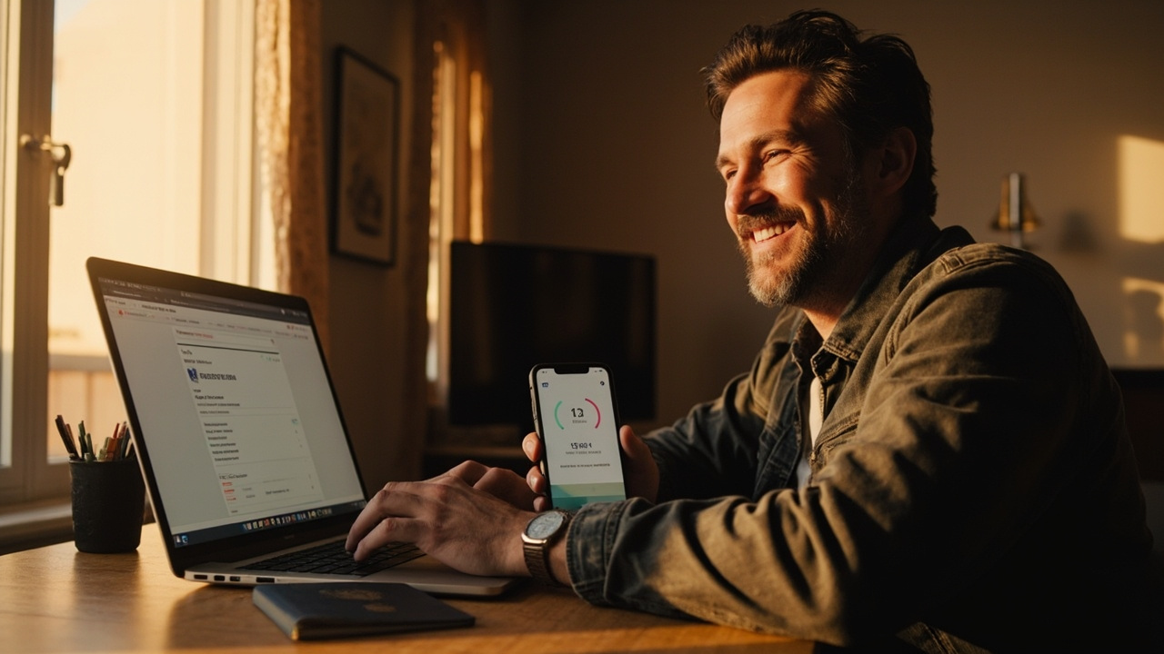 An American traveler at a sunlit home desk smiling at an approved eVisa PDF on a laptop, a blue US passport and a phone showing a three-day countdown beside it in warm golden-hour light