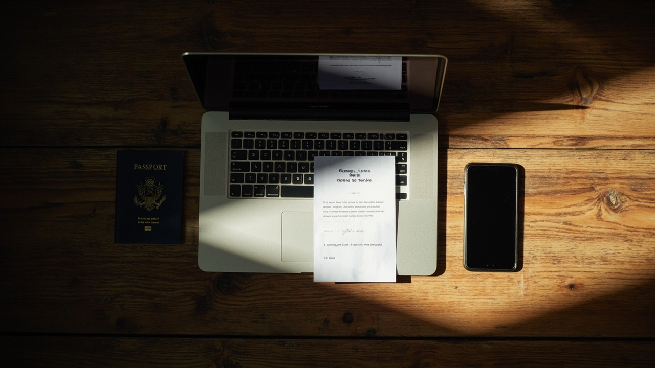 Overhead view of an open laptop showing a clean generic email inbox with an approved PDF arriving, a blue US passport and a phone beside it on a warm wooden desk