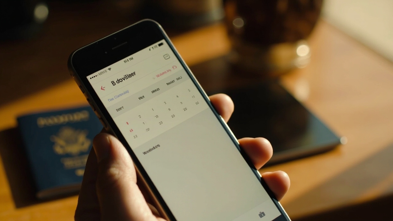 Close-up of a smartphone showing a generic week calendar with three weekdays softly highlighted and the weekend dimmed, on a warm wooden desk beside a blue US passport