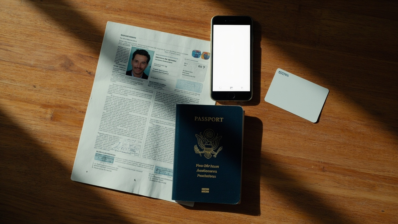 Overhead view of a blue US passport open flat beside a smartphone capturing a glare-free passport photo, a printed headshot card and a single credit card on a warm wooden desk