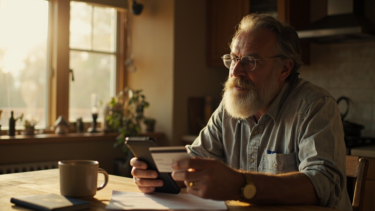 An American traveler at a kitchen table holding a single plain credit card while looking at a phone showing a clean generic checkout screen, a blue US passport nearby in warm afternoon light