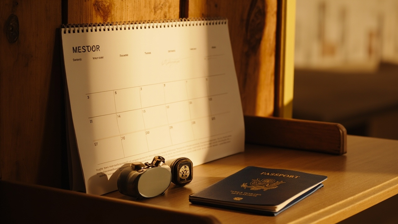 Wall calendar and a small clock on a warm wooden desk beside a blue United States passport, weekend days softly de-emphasized