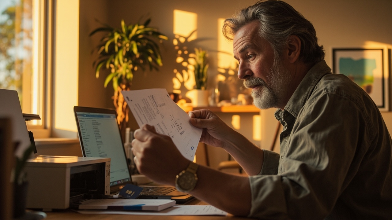 American traveler at a home desk lifting two freshly printed A4 sheets from a desktop printer beside a blue United States passport