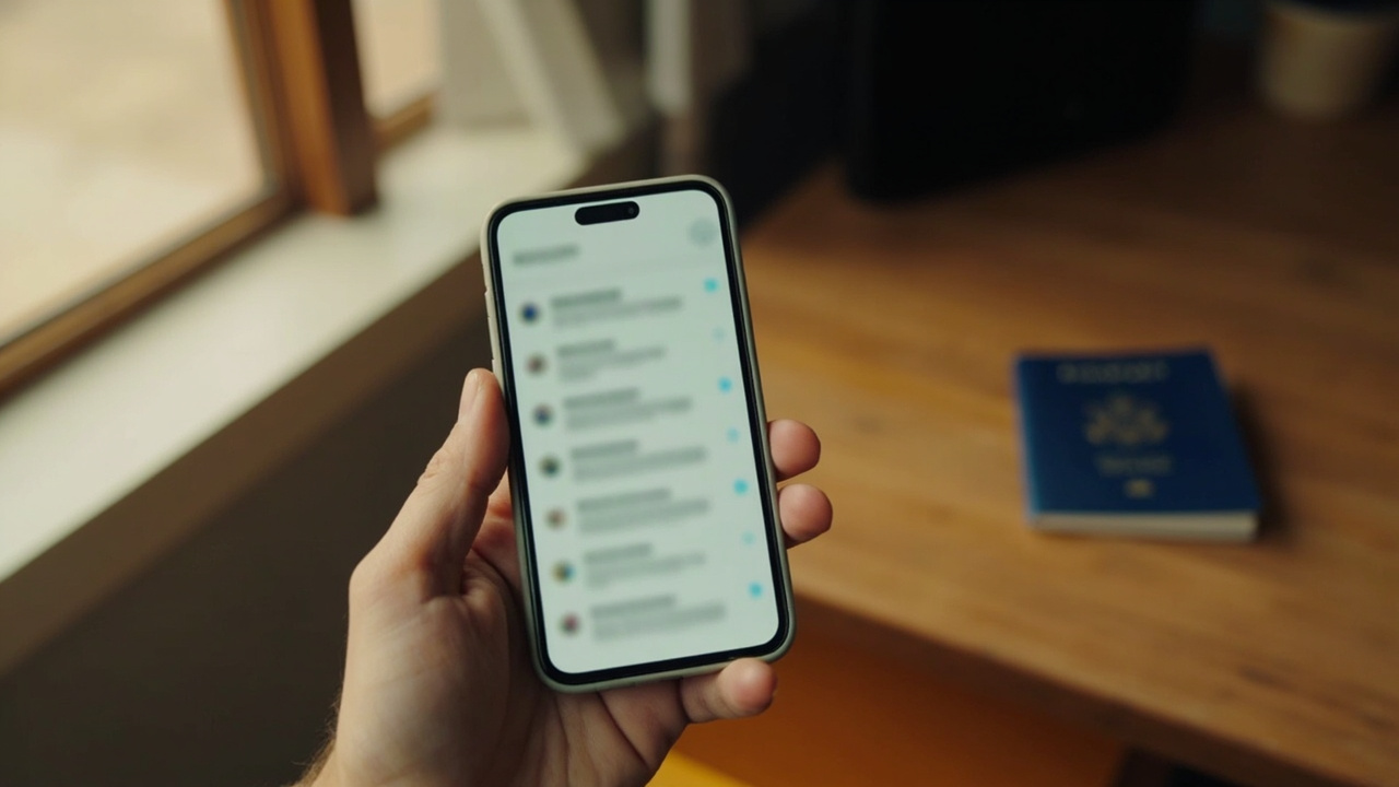 Close-up of a smartphone held in one hand showing a generic email-search interface, with a blue United States passport softly out of focus on the desk behind