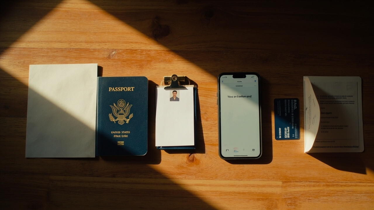Close flat-lay of a blue US passport, a printed headshot, and a smartphone showing a generic upload screen on a warm wooden desk