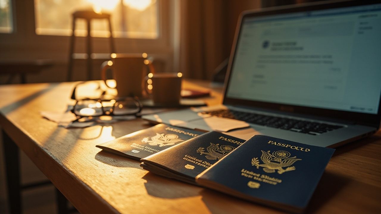 A small stack of blue US passports of different sizes on a warm wooden desk beside an open laptop, suggesting a family applying together