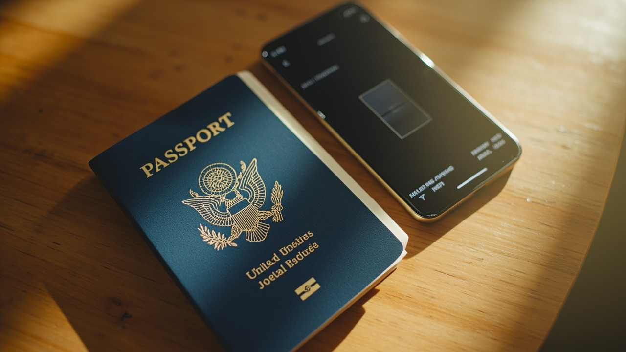 Overhead close-up of an open blue US passport on a warm wooden table beside a smartphone showing a generic document-scanner frame