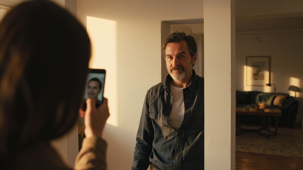 American traveler in their late 30s taking a passport-style photo with a smartphone against a plain white wall in a sunlit US home