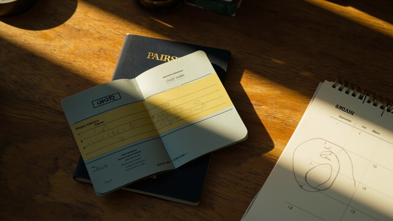 Open US passport on a warm wooden desk with a soft gold band highlighting the expiry date, beside a calendar marked six months ahead