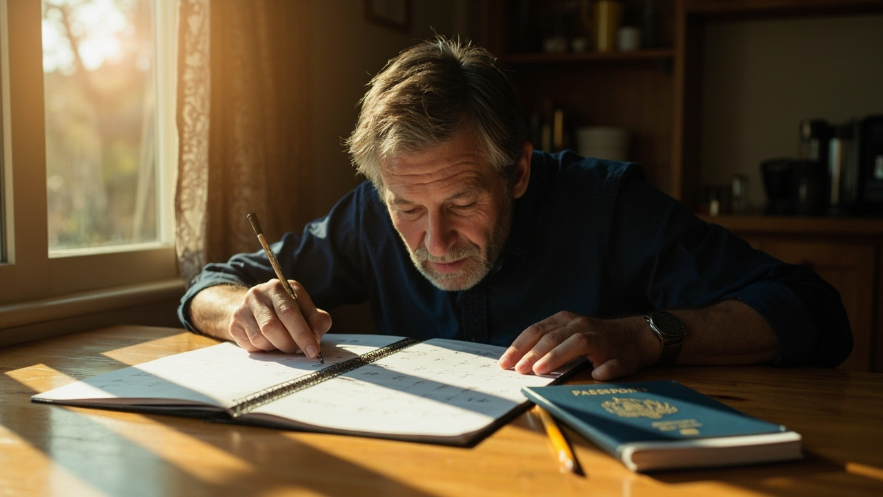American traveler at a sunlit kitchen table counting six months forward on a paper calendar beside an open blue US passport