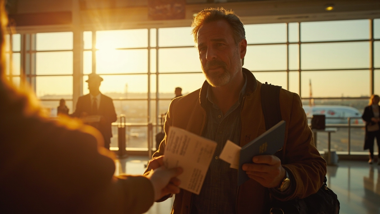 American traveler handing an open blue passport to an airline agent at a soft-focus US departure gate at golden hour