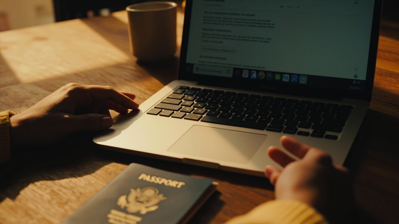Open blue US passport beside an open laptop showing a generic application screen on a warm wooden desk at golden hour