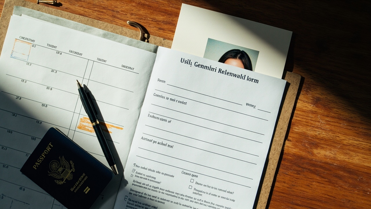 Renewal paperwork, a new passport-style photo, and a calendar with weeks blocked out on a sunlit American home desk