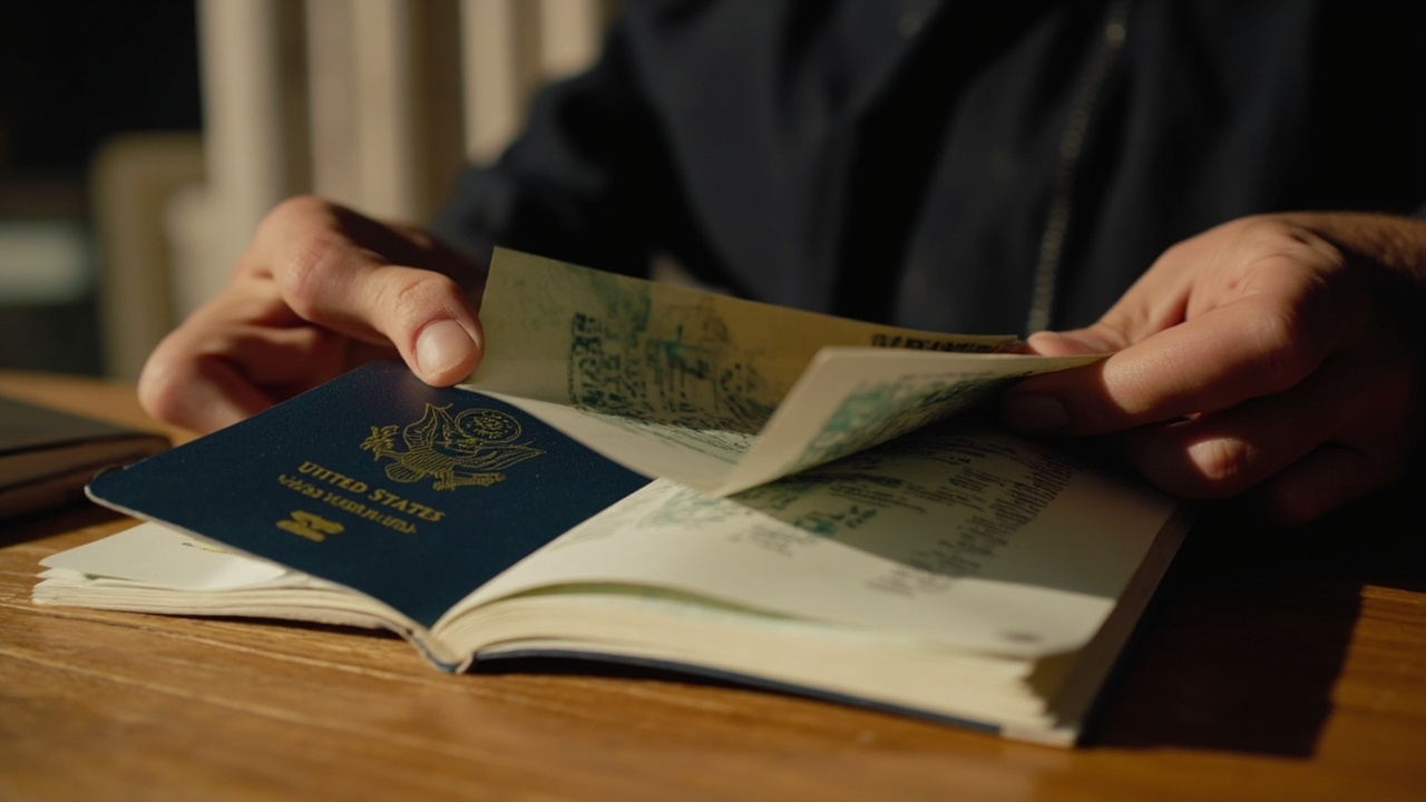 Hands of an American traveler flipping through the inner pages of a blue US passport, counting the clean visa pages on a wooden desk