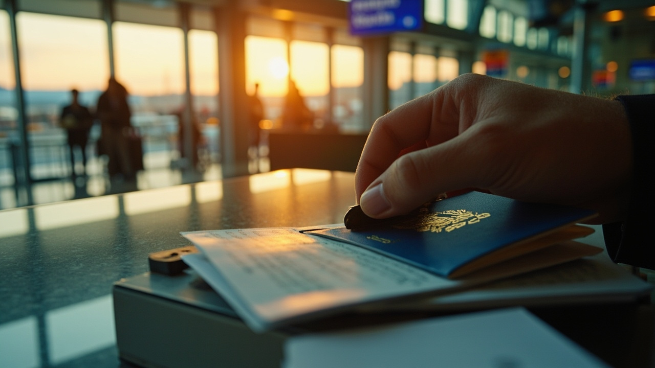 An immigration officer's hand pressing a stamp onto a blank page of a blue US passport at a softly lit airport arrivals counter