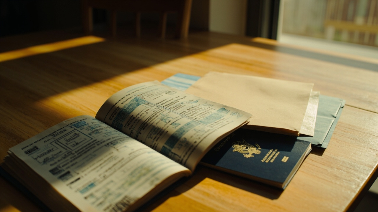 A worn full blue US passport beside a fresh thicker passport and a renewal mailing envelope on a sunlit American kitchen table