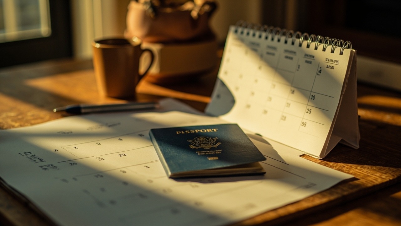 A closed blue US passport on a warm wooden desk beside a softly out-of-focus paper calendar marking a six-month window
