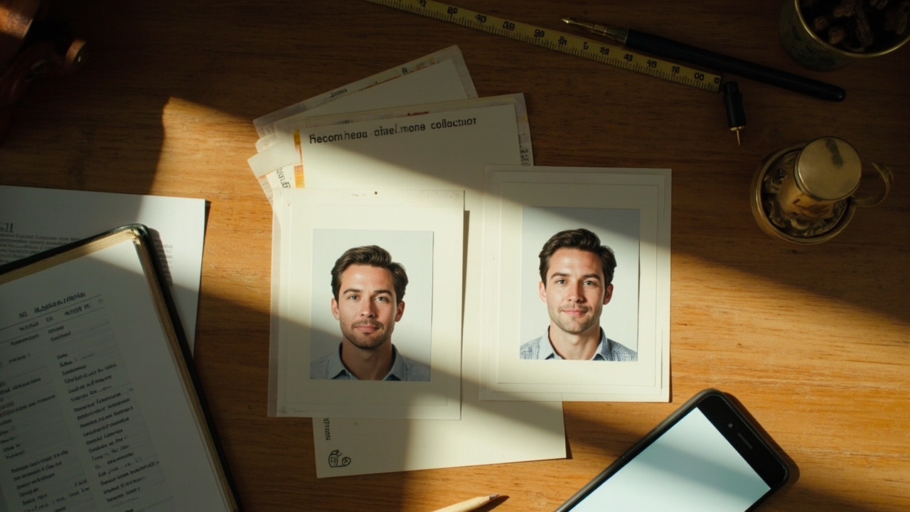 A compliant passport-style headshot on a plain white background beside a softly flagged off-white version on a warm wooden desk