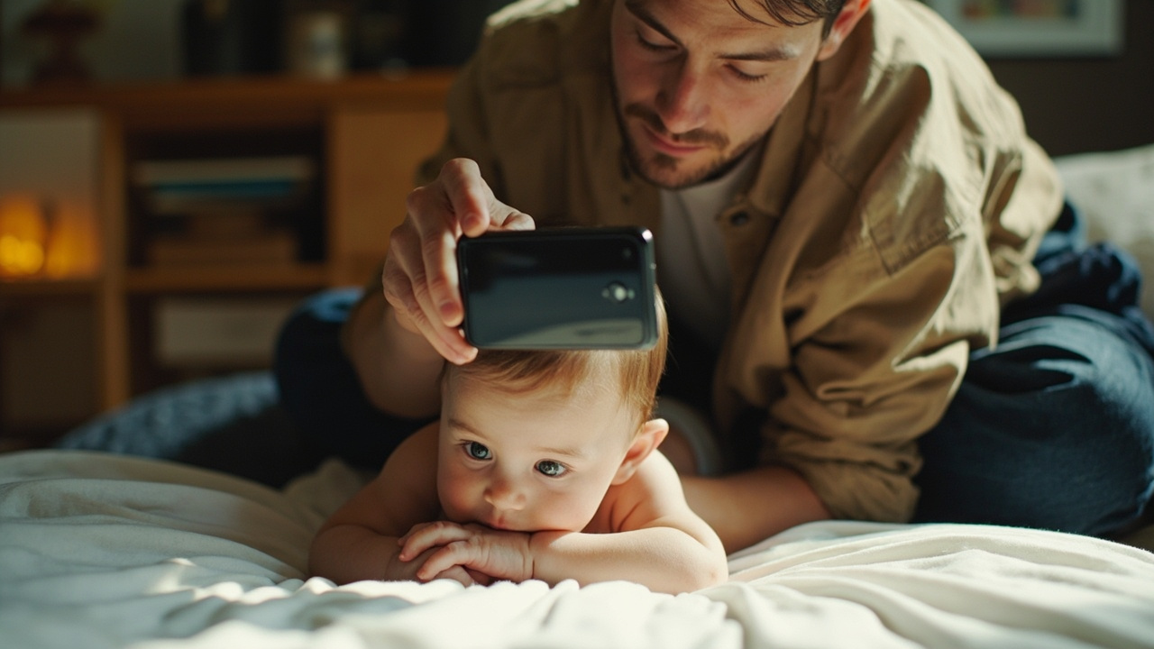 An American parent gently positioning a baby on a plain white sheet to take a passport-style photo from above in a sunlit US home