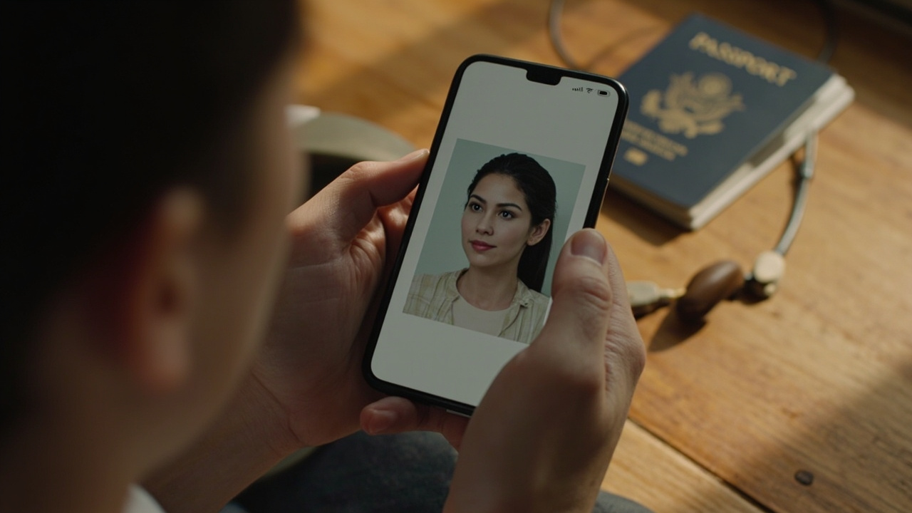 Close-up of a smartphone showing a generic square photo-crop tool over a passport-style headshot on a warm wooden desk beside a blue American passport
